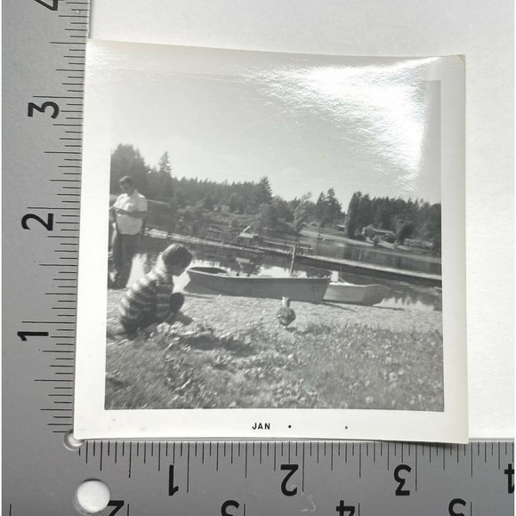 Found Photo Boy Feeding Ducks at the Lake Dad Row Boat Vintage 1940s - Picture 2 of 5